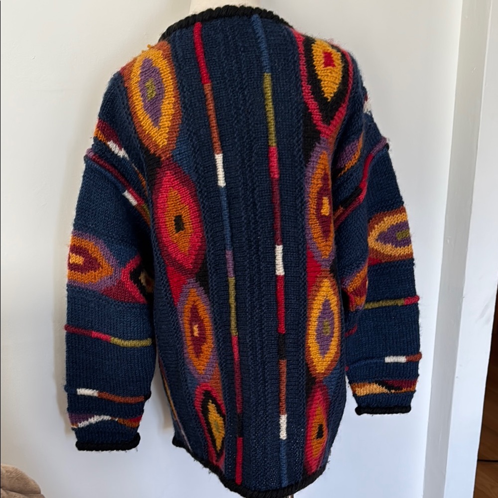 100% Wool Nepal Made Colorful Geometric Knit Cardigan Newari - Picture 4 of 6
